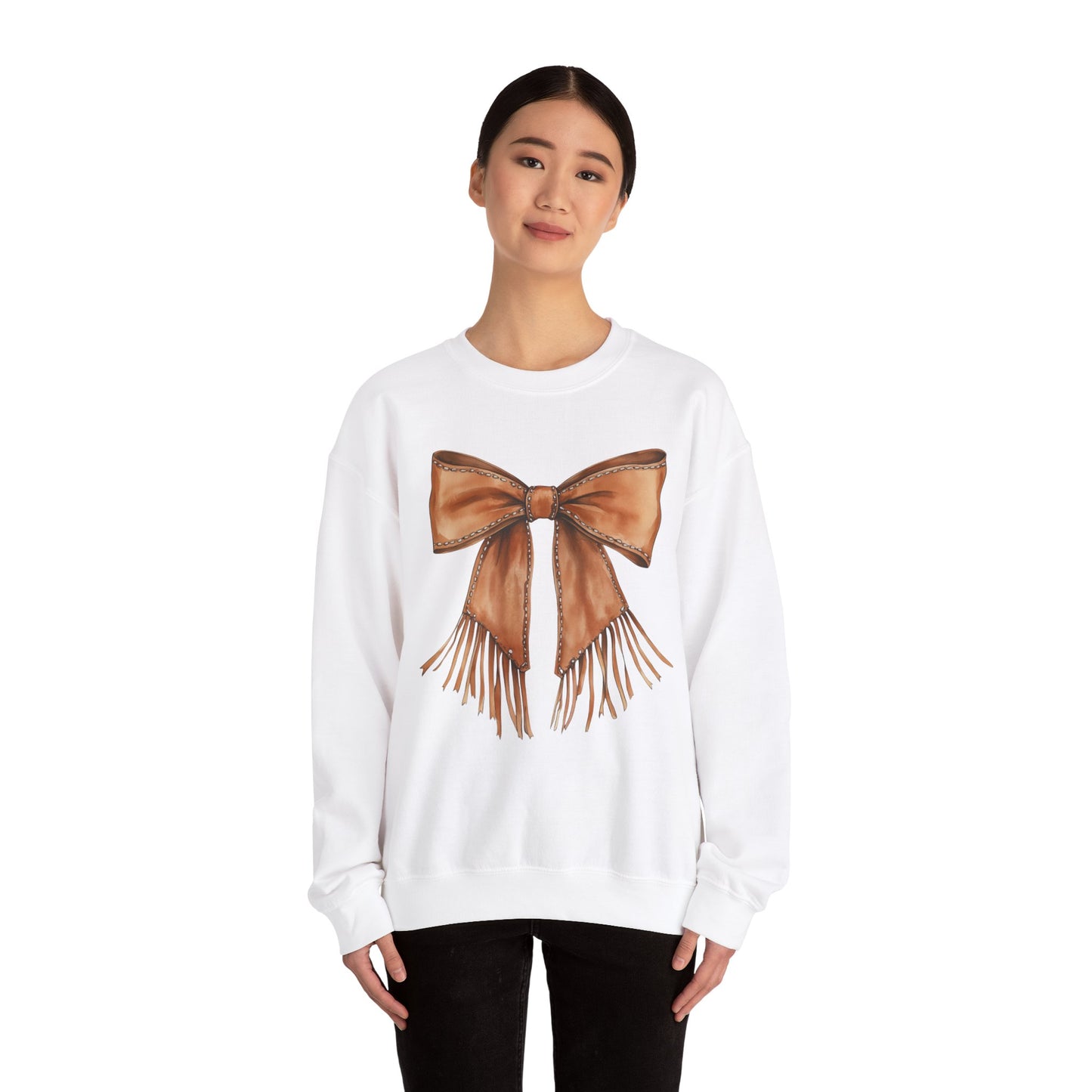 Coquette Leather Fringe Bow Crewneck Sweatshirt