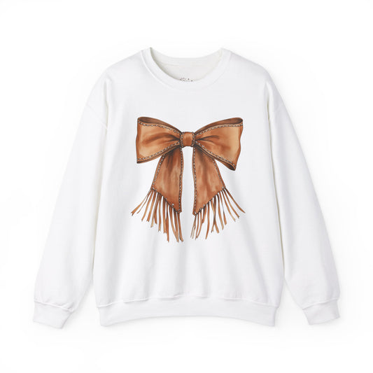 Coquette Leather Fringe Bow Crewneck Sweatshirt